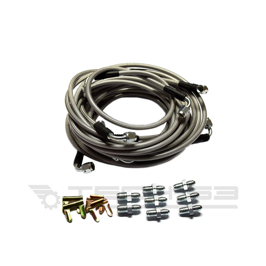 Braided stainless steel line kit with hardware to replace BMW E36 hardlines