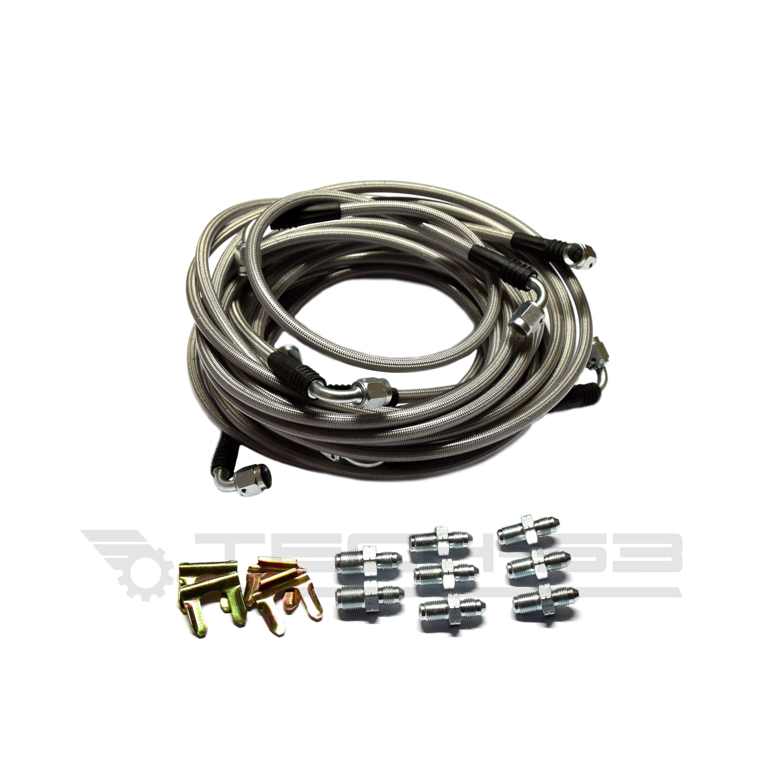 Braided stainless steel line kit with hardware to replace BMW E36 hardlines
