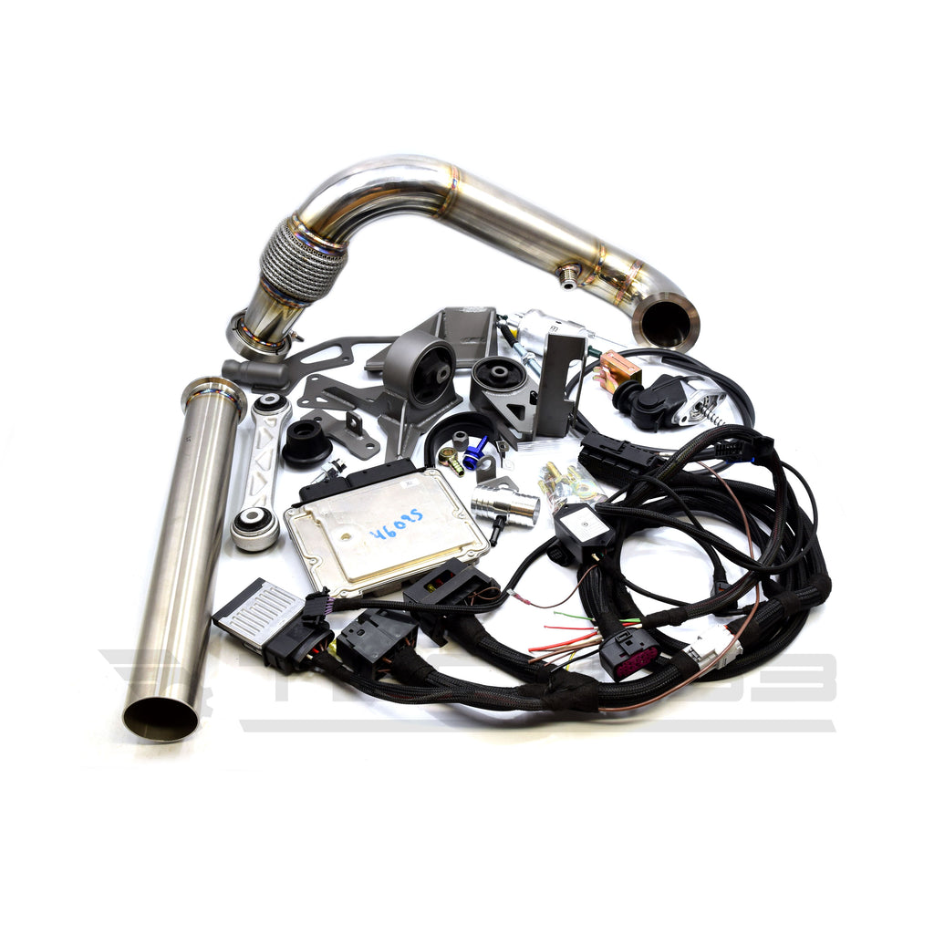 Complete Tech53 1.4T swap kit for VW MK1. Includes mounts, wiring harness, ecu, downpipe, clutch cable conversion kit and hardware