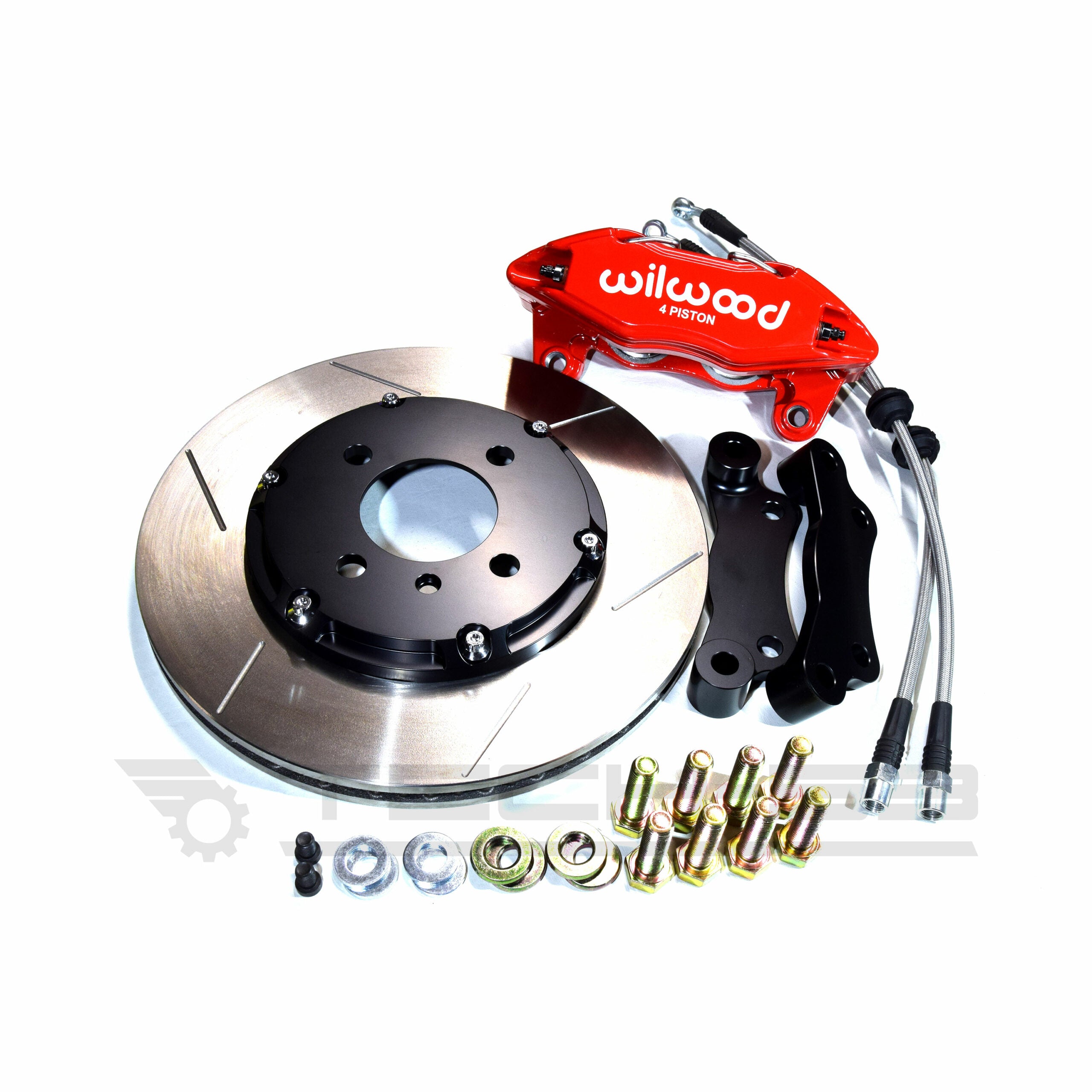 Front big brake kit for MK1 with red caliper, caliper adapters, brake disc, brake lines and hardware.