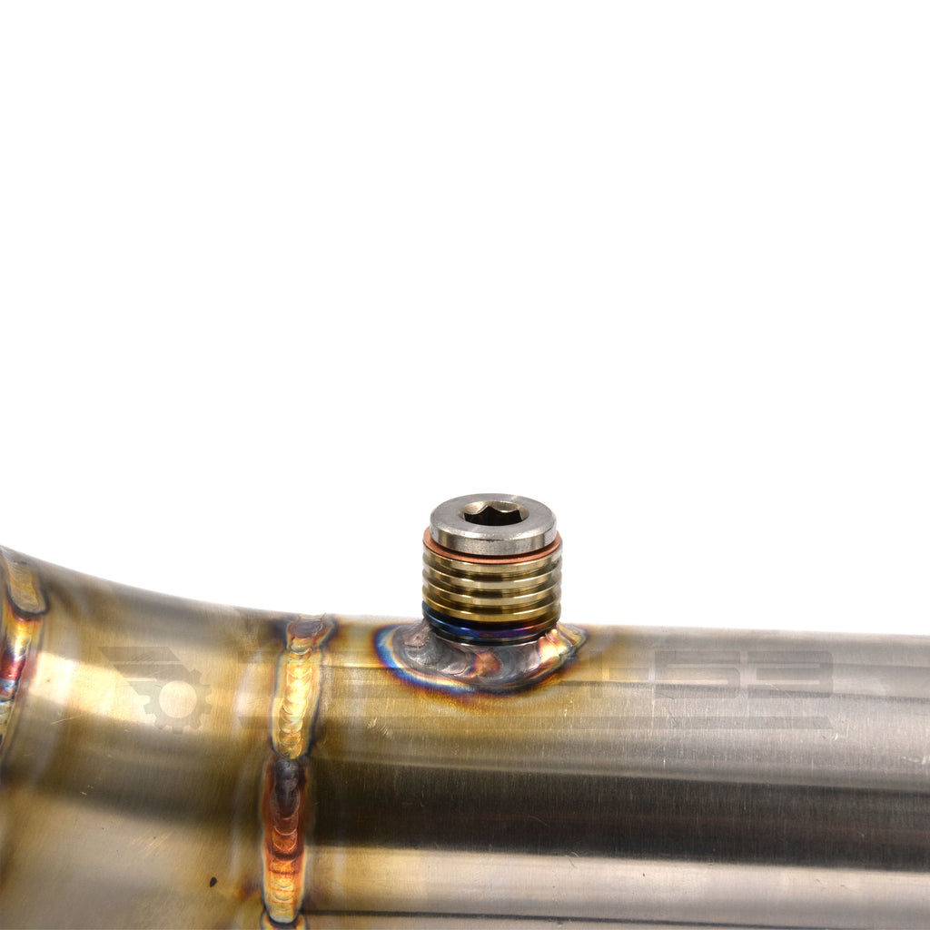 Custom downpipe heat sink bung for 1.4T swapped MK1 Volkswagen